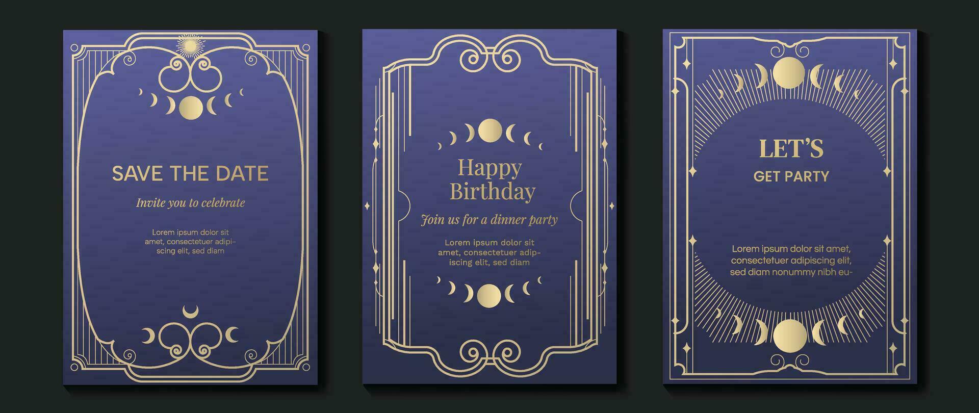 Luxury invitation card background vector. Elegant classic antique design, gold lines, moon on purple background gradient. Premium design illustration for gala card, grand opening, art deco. vector