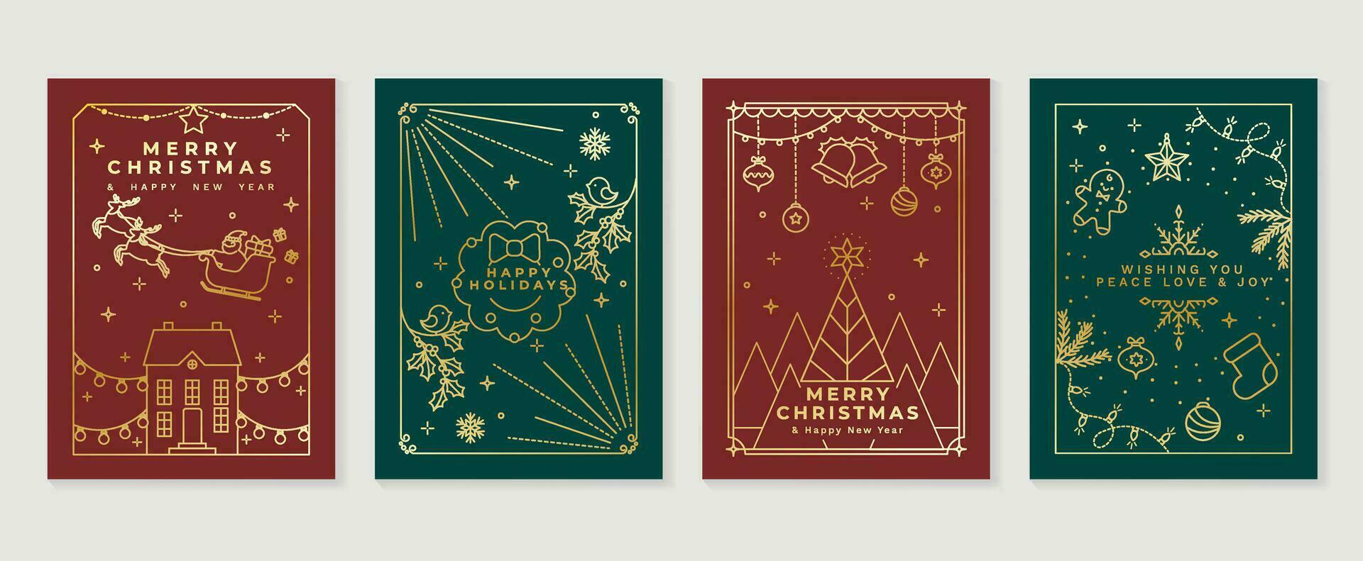 Luxury christmas invitation card art deco design vector. Christmas tree, bauble ball, reindeer, santa sleigh line art on red and green background. Design illustration for cover, poster, wallpaper. vector