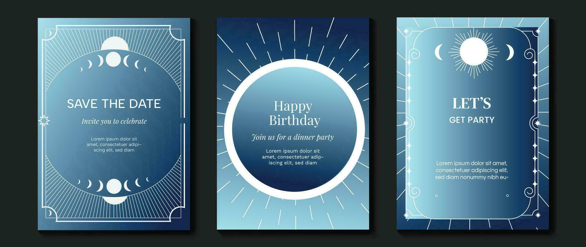 Luxury invitation card background vector. Elegant classic antique design, white lines, moon on dark blue background gradient. Premium design illustration for gala card, grand opening, art deco. vector