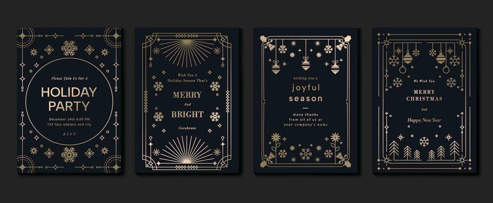 Luxury christmas invitation card art deco design vector. Christmas tree, bell, snowflake, firework line art on dark and light background. Design illustration for cover, print, poster, wallpaper. vector