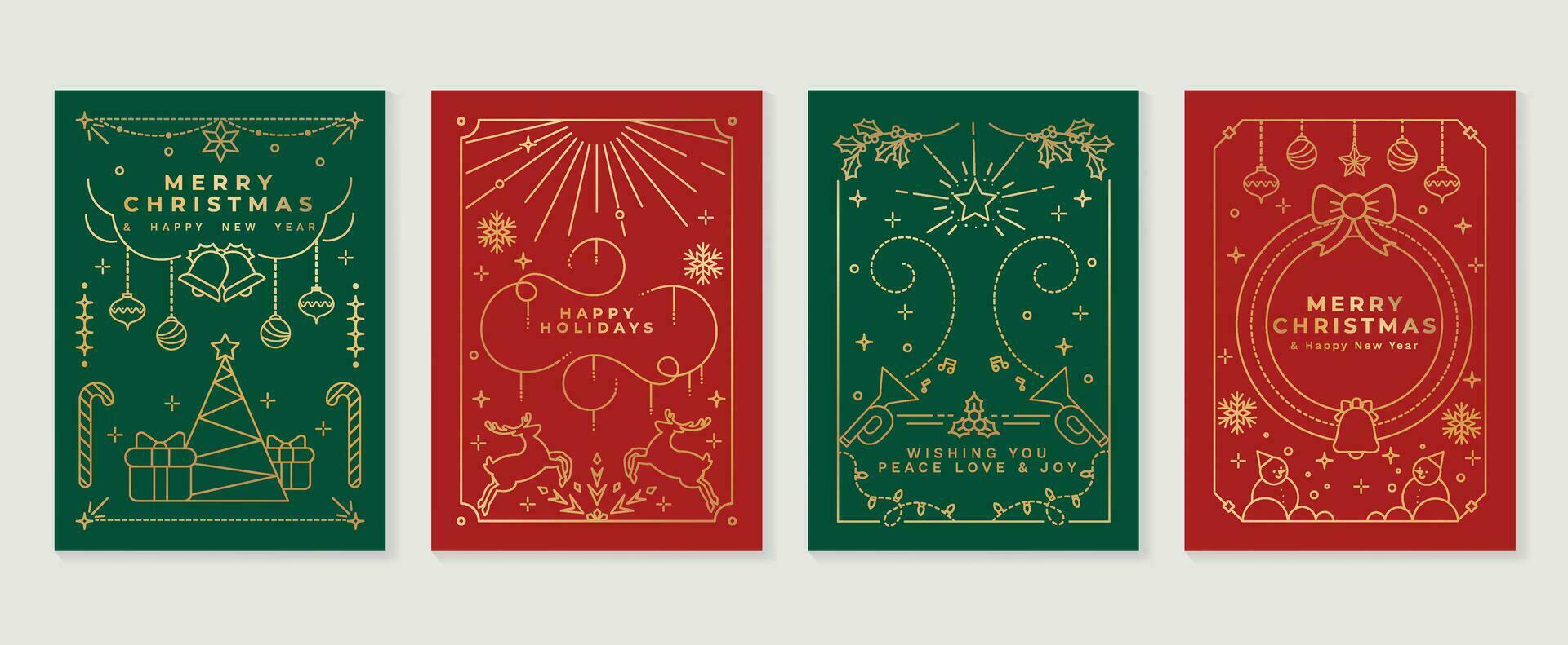 Luxury christmas invitation card art deco design vector. Christmas tree, bauble ball, reindeer, snowman, trumpet line art on green and red background. Design illustration for cover, poster, wallpaper. vector