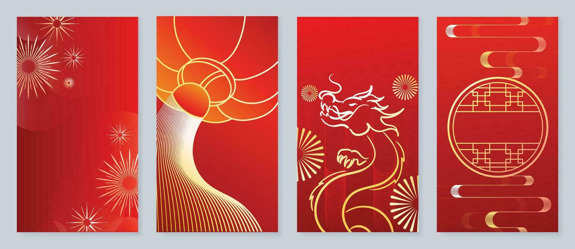 Happy Chinese New Year cover background vector. Year of the dragon design with chinese lantern, dragon, firework, coin, pattern. Elegant oriental illustration for cover, banner, website, calendar. vector