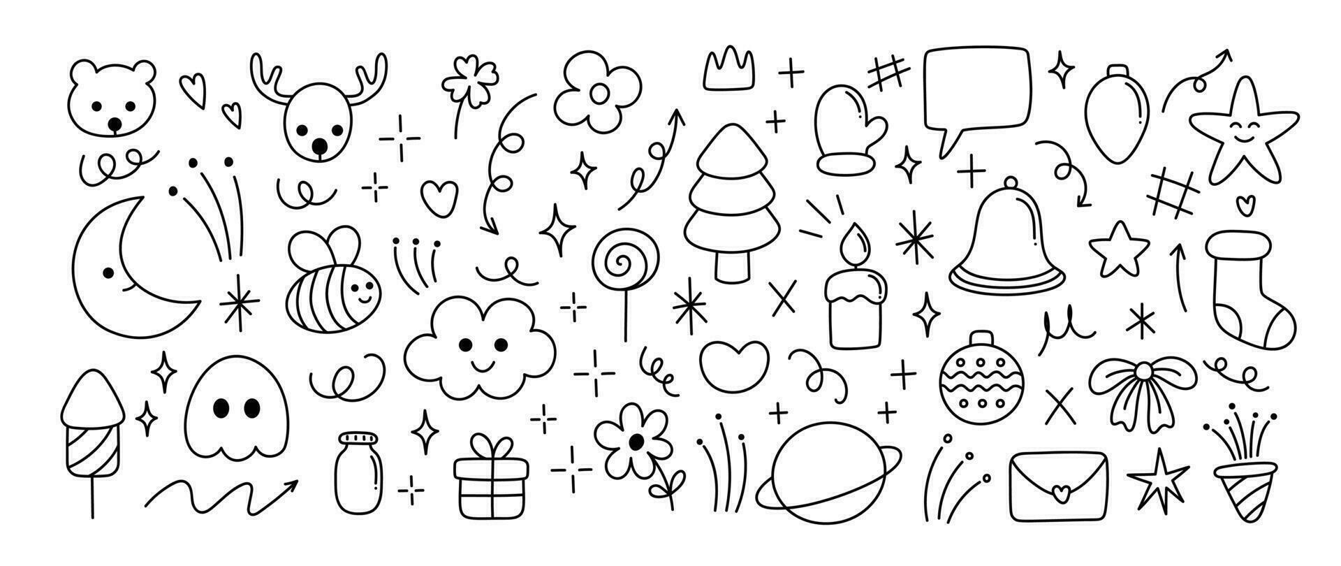 Merry Christmas and winter season doodle element vector. Set of bauble ball, reindeer, bear, tree, candle, flower, bell, sock, saturn, arrow, cloud. Happy holiday collection for kids, decorative. vector