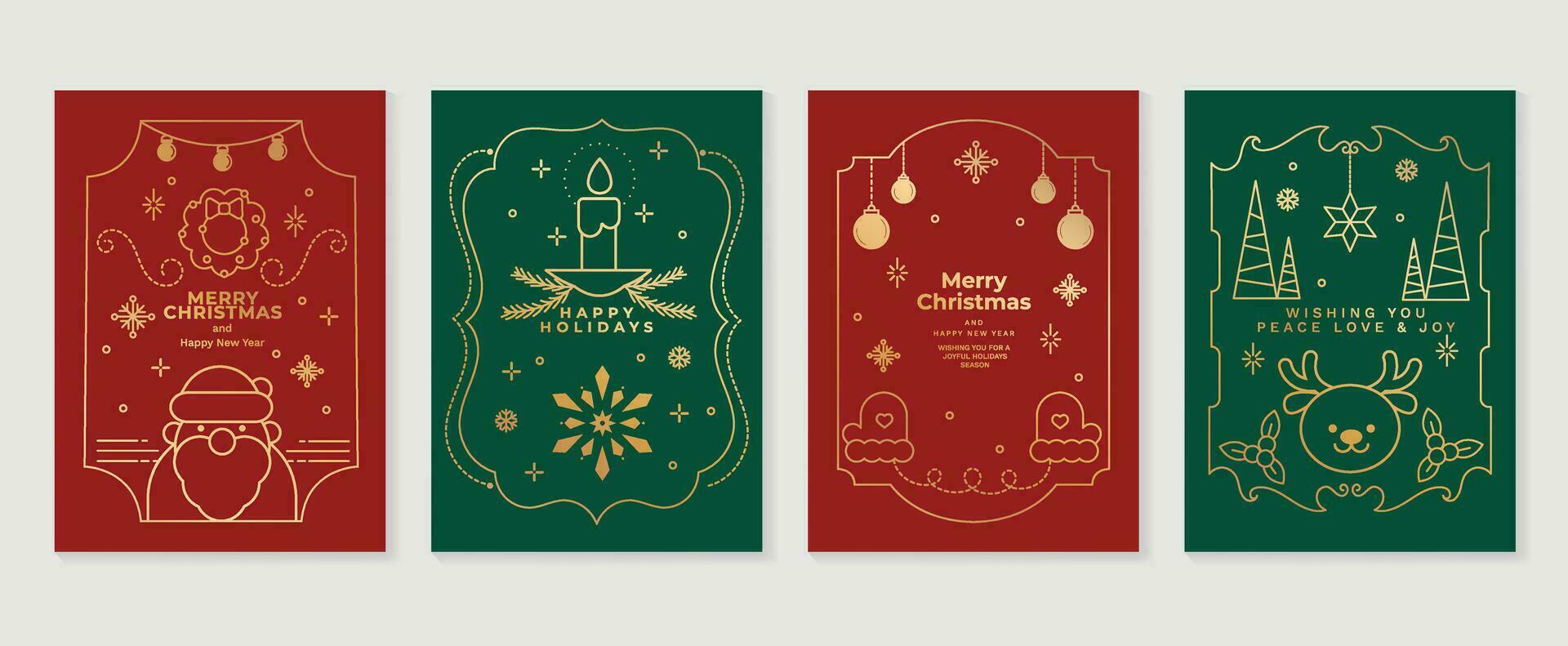 lujo Navidad invitación tarjeta Arte deco diseño vector. Navidad árbol, chuchería pelota, reno, Papa Noel, vela línea Arte en verde y rojo antecedentes. diseño ilustración para cubrir, póster, fondo de pantalla. vector