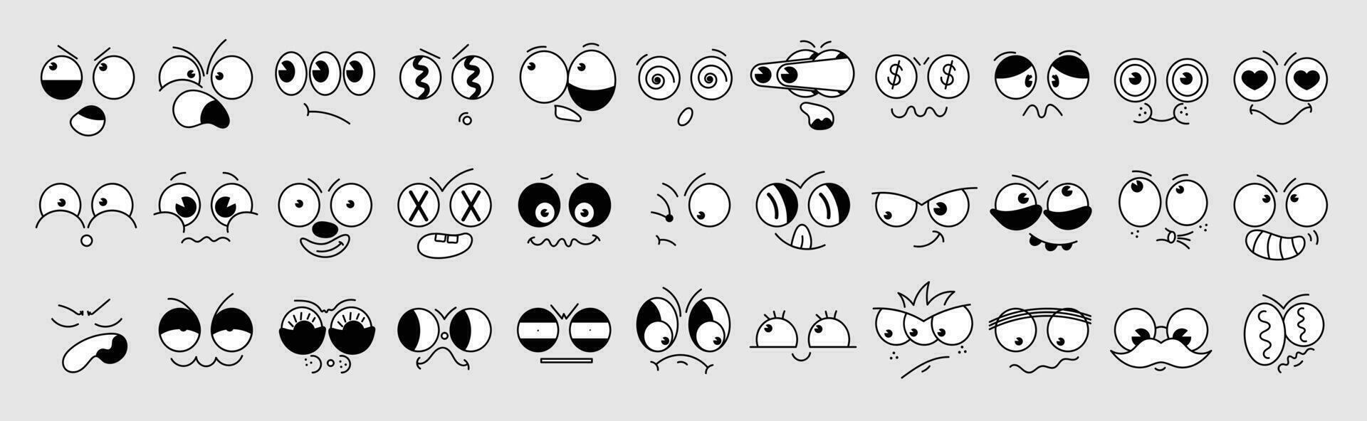 Set of 70s groovy comic faces vector. Collection of cartoon character faces, in different emotions, happy, angry, sad, cheerful. Cute retro groovy hippie illustration for decorative, sticker. vector