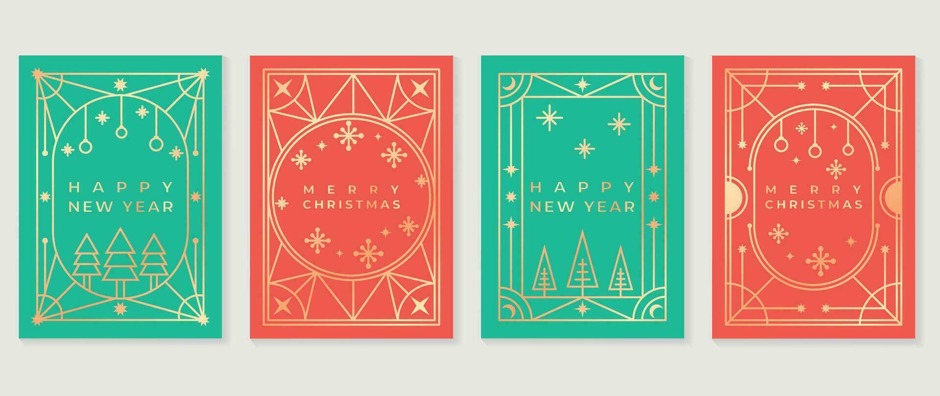 lujo Navidad invitación tarjeta Arte deco diseño vector. Navidad árbol, chuchería pelota, copo de nieve, centelleo estrella línea Arte en verde y rojo antecedentes. diseño ilustración para cubrir, póster, fondo de pantalla. vector