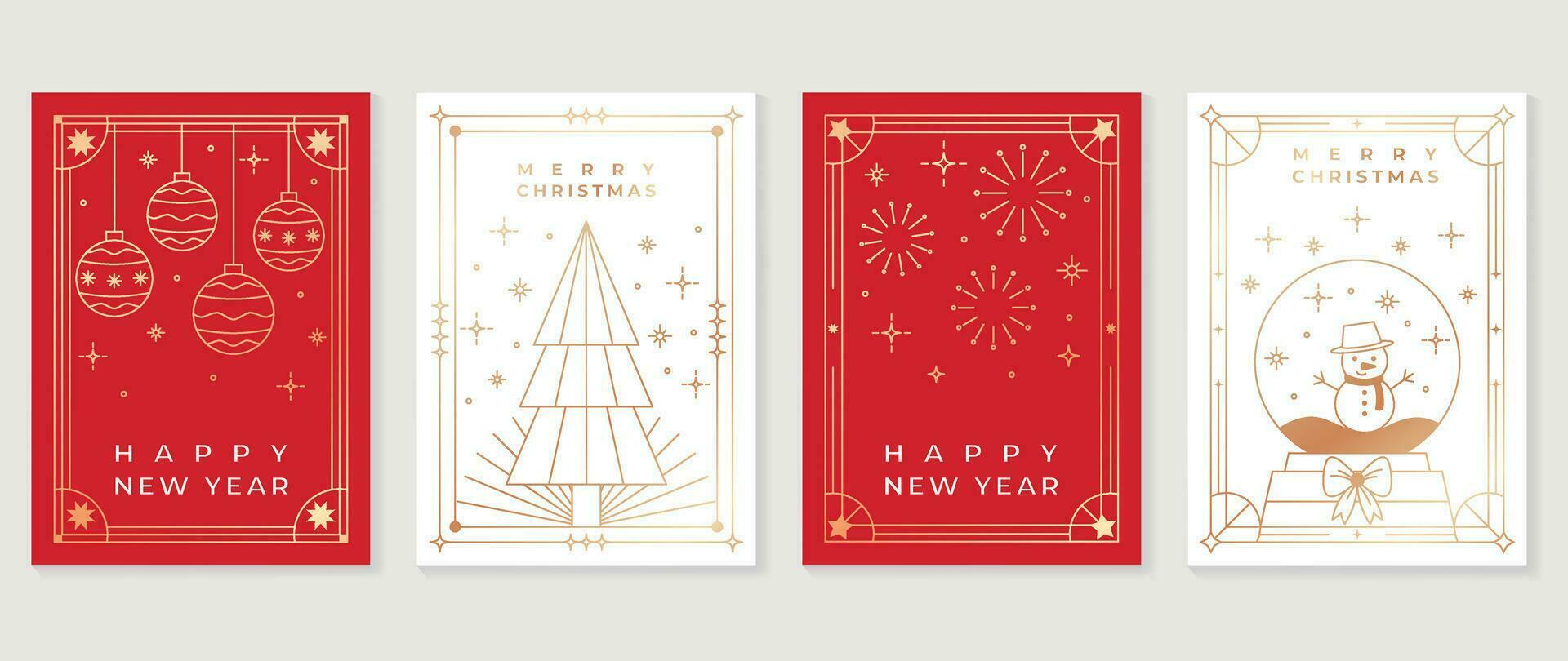 lujo Navidad invitación tarjeta Arte deco diseño vector. Navidad árbol, chuchería pelota, Fuegos artificiales, monigote de nieve línea Arte en blanco y rojo antecedentes. diseño ilustración para cubrir, póster, fondo de pantalla. vector