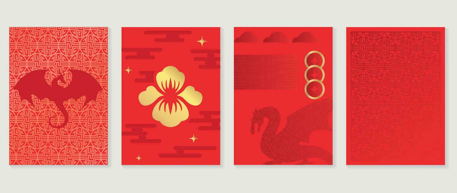 Happy Chinese New Year cover background vector. Year of the dragon design with chinese coin, dragon, flower, cloud, pattern. Elegant oriental illustration for cover, banner, website, calendar. vector