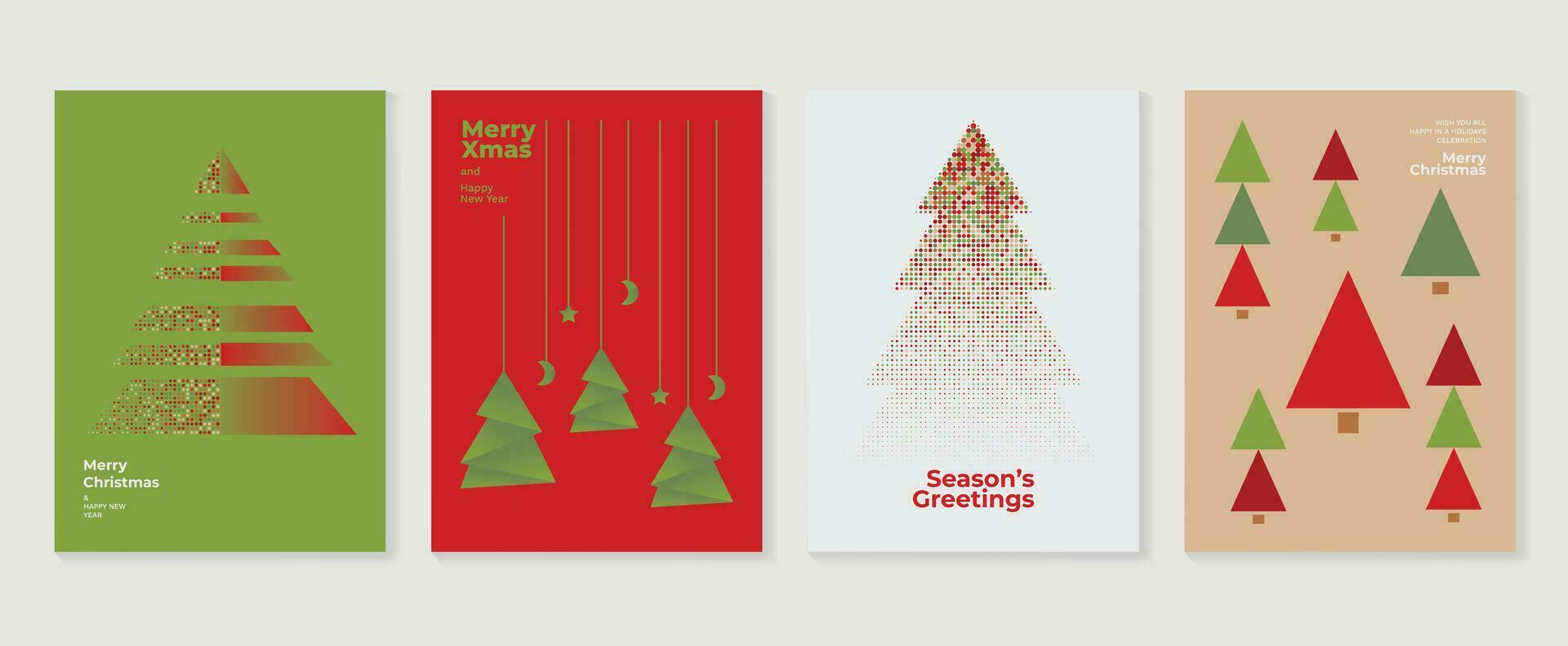 Set of happy new year and merry christmas concept background. Elements of geometric shape, christmas tree, moon, star, halftone texture. Art design for card, poster, cover, banner, decoration. vector