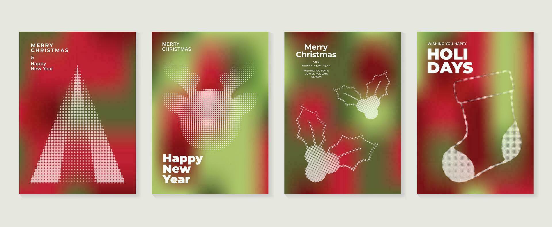 Merry christmas concept posters set. Cute gradient holographic background vector with vibrant color, christmas tree, reindeer, sock. Art trendy wallpaper design for social media, card, banner, flyer.