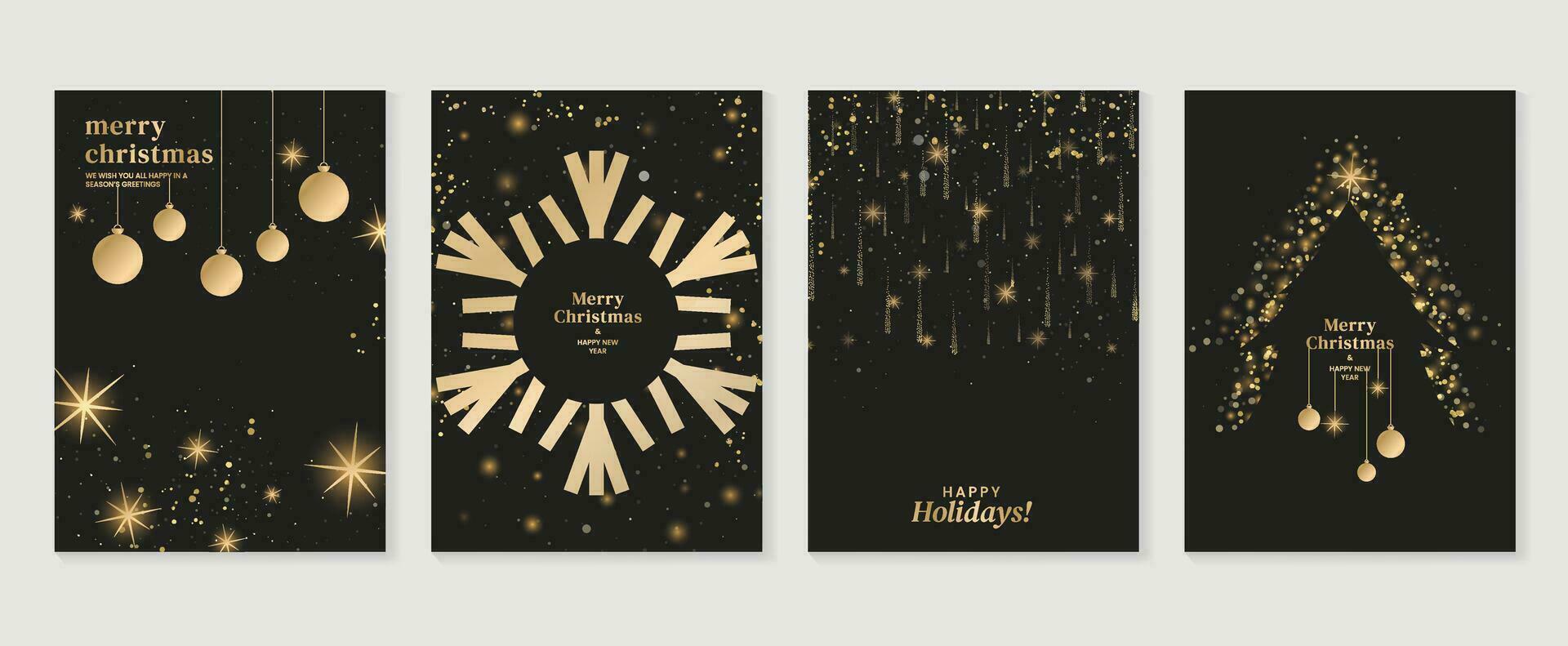 Luxury christmas invitation card art deco design vector. Christmas bauble ball, snowflake, twinkling stars, bokeh on dark background. Design illustration for cover, print, poster, wallpaper. vector