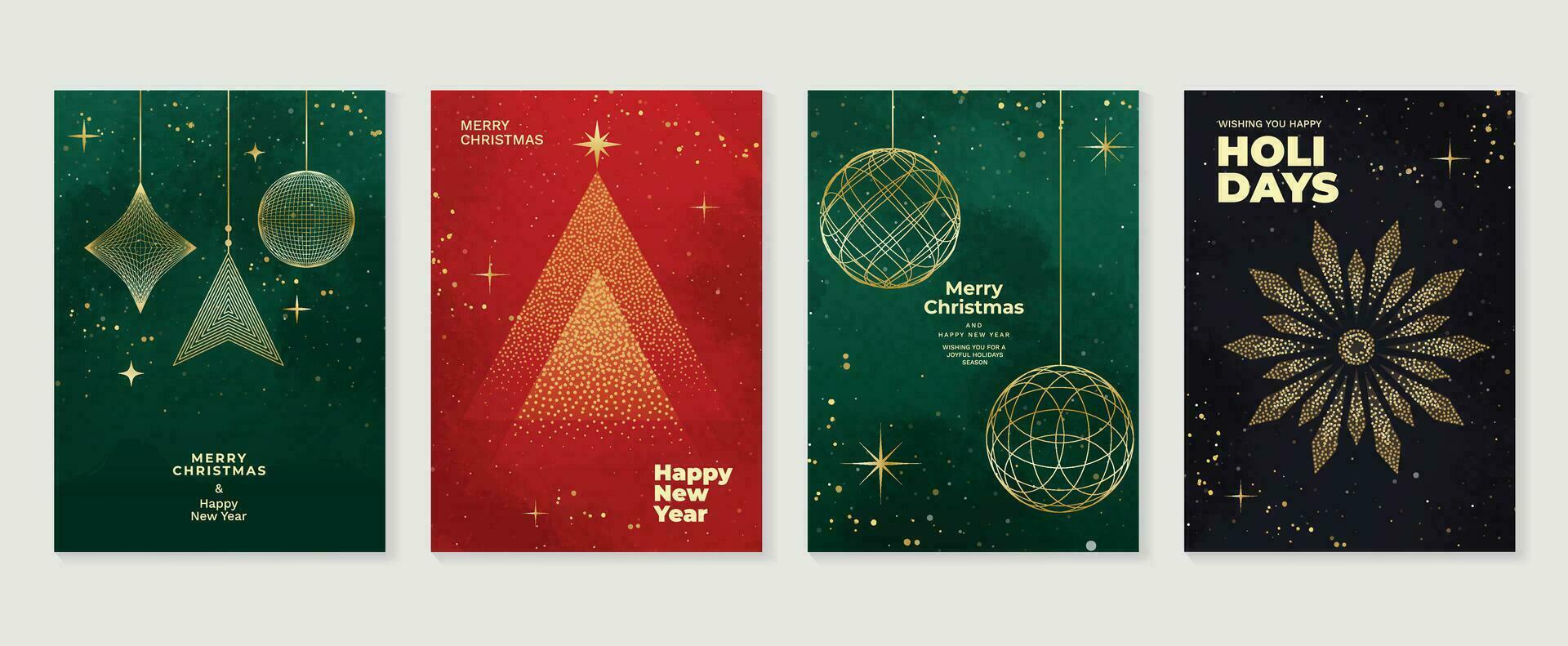 Luxury christmas invitation card art deco design vector. Christmas tree, bauble ball, firework, watercolor texture on green, red and dark background. Design illustration for cover, poster, wallpaper. vector