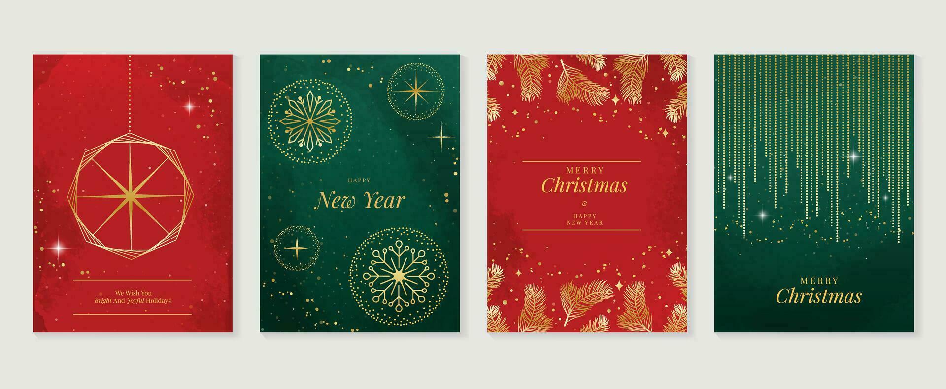 Luxury christmas invitation card art deco design vector. Christmas bauble ball, foliage, snow, watercolor texture on green and red background. Design illustration for cover, poster, wallpaper. vector