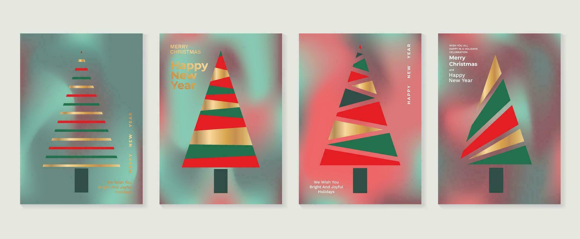 alegre Navidad concepto carteles colocar. linda degradado holográfico antecedentes vector con vibrante color, Navidad árbol. Arte de moda fondo de pantalla diseño para social medios de comunicación, tarjeta, bandera, volantes.