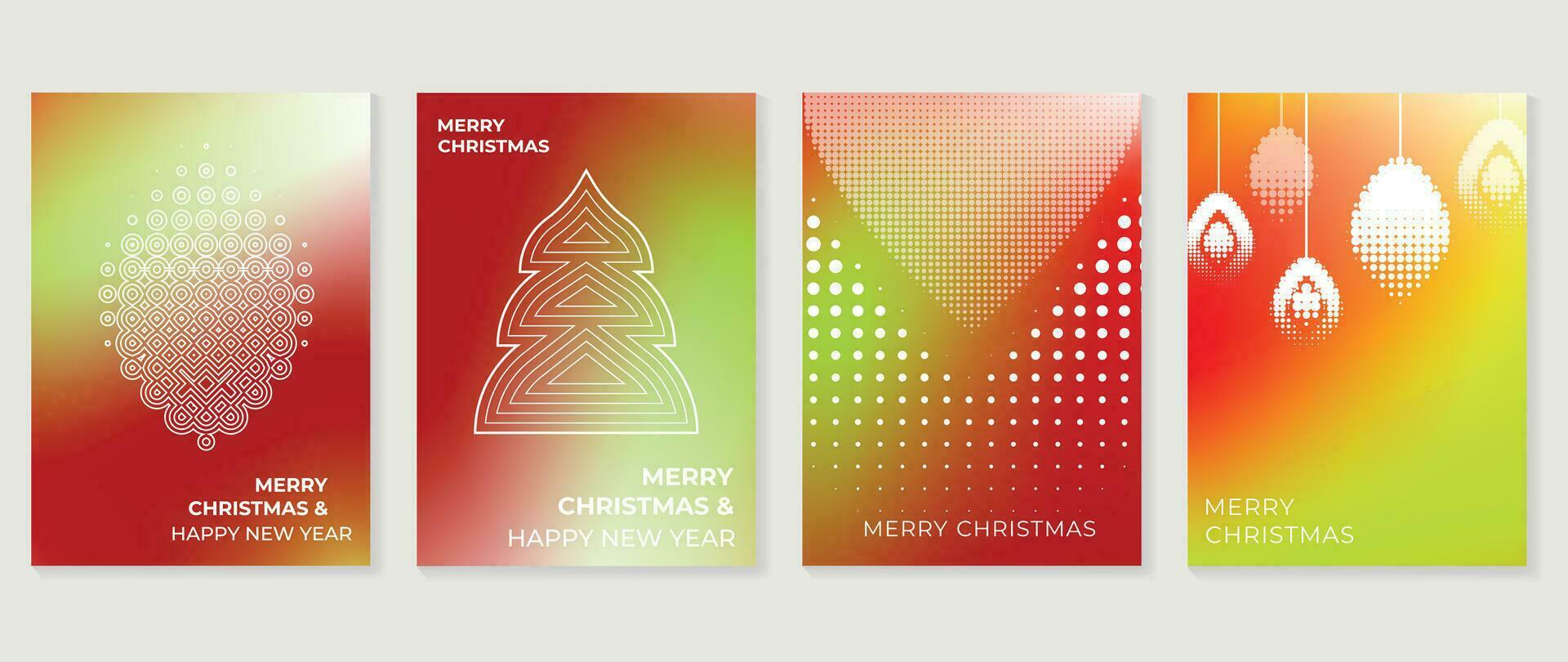Merry christmas concept posters set. Cute gradient holographic background vector with vibrant color, christmas tree, bauble ball. Art trendy wallpaper design for social media, card, banner, flyer.