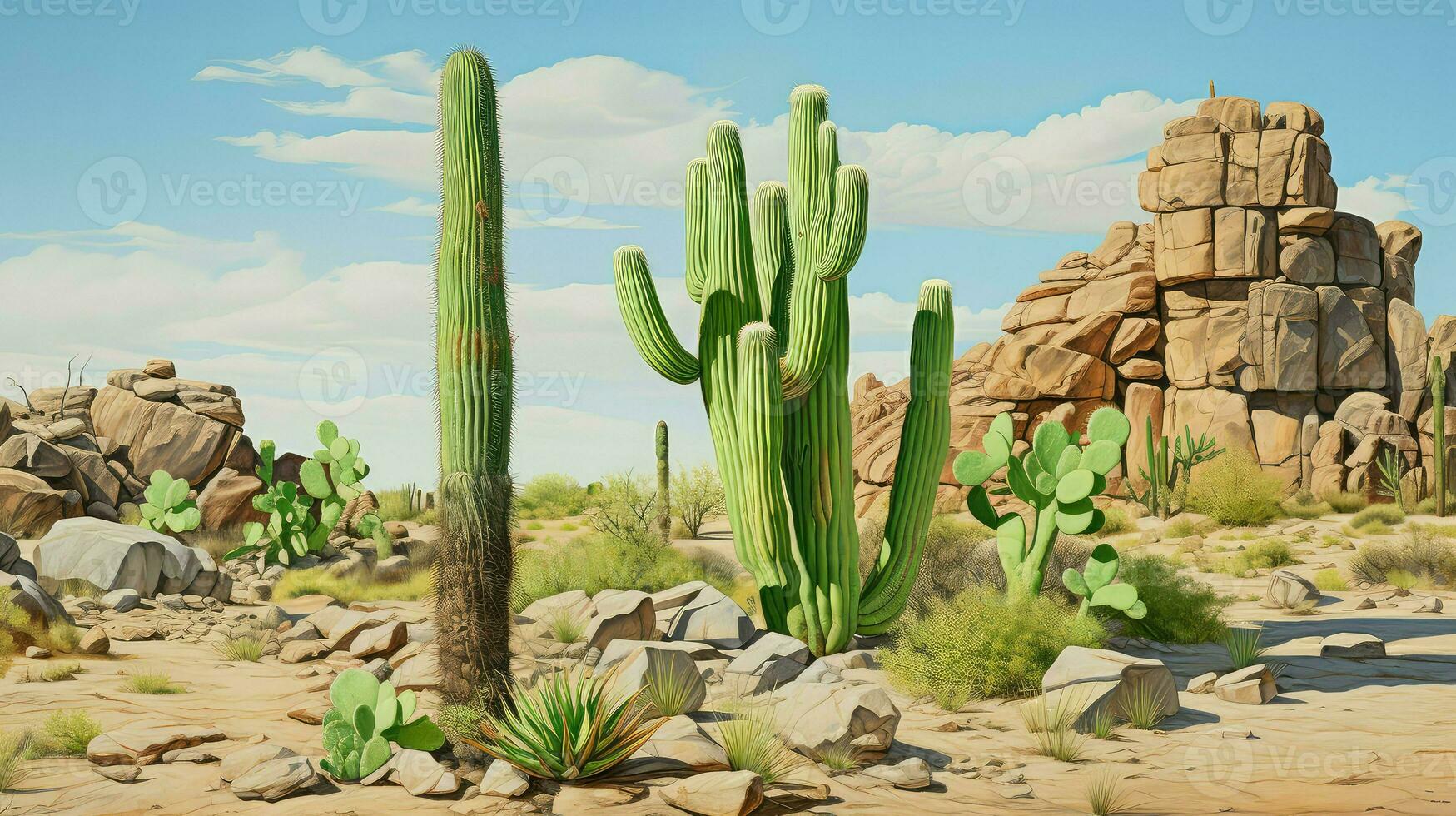 AI generated cacti rock desert landscape photo