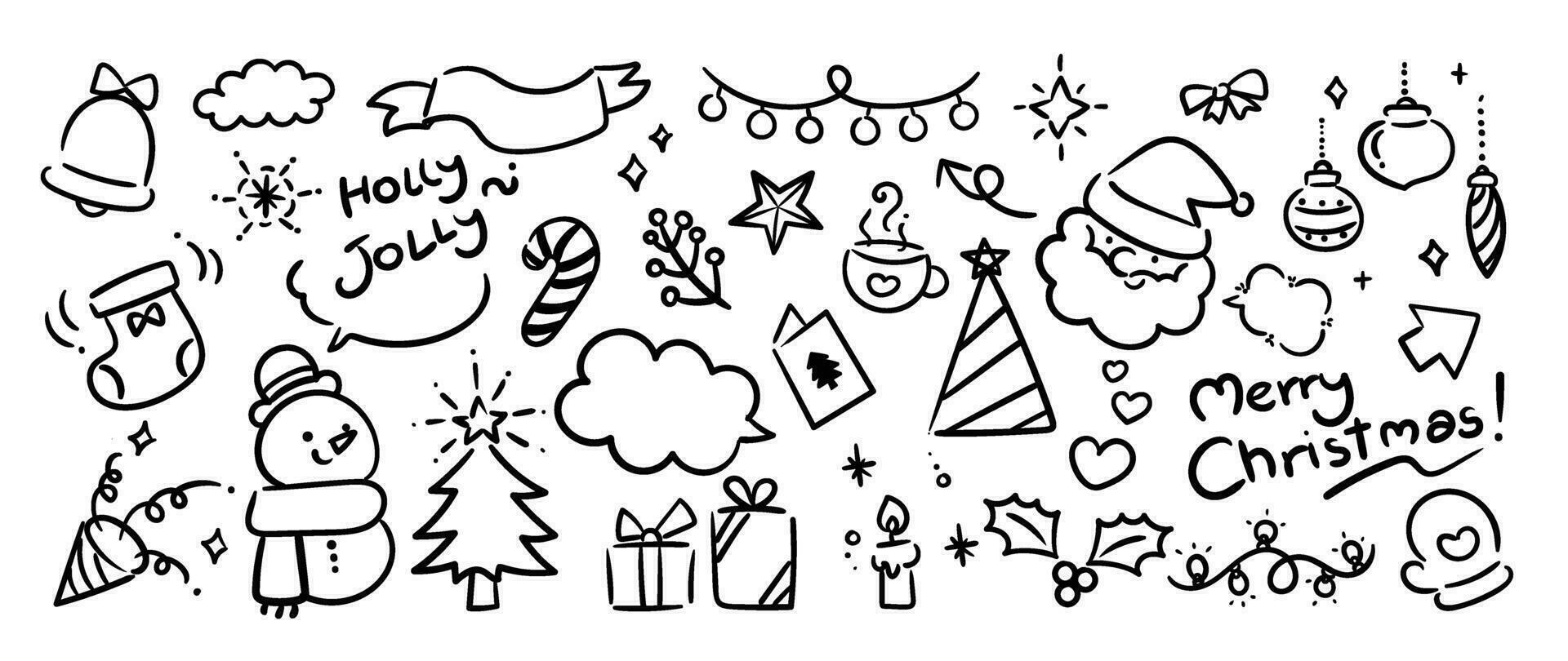 alegre Navidad y invierno temporada garabatear elemento vector. conjunto de chuchería pelota, Papa Noel, muñeco de nieve, campana, árbol, vela, acebo, regalo, taza, calcetín, caramelo caña. contento fiesta colección para niños, decorativo. vector