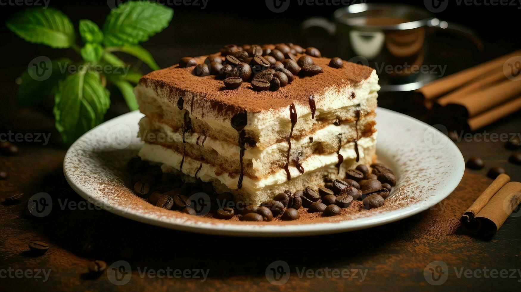 ai generado café plato Tiramisu comida foto