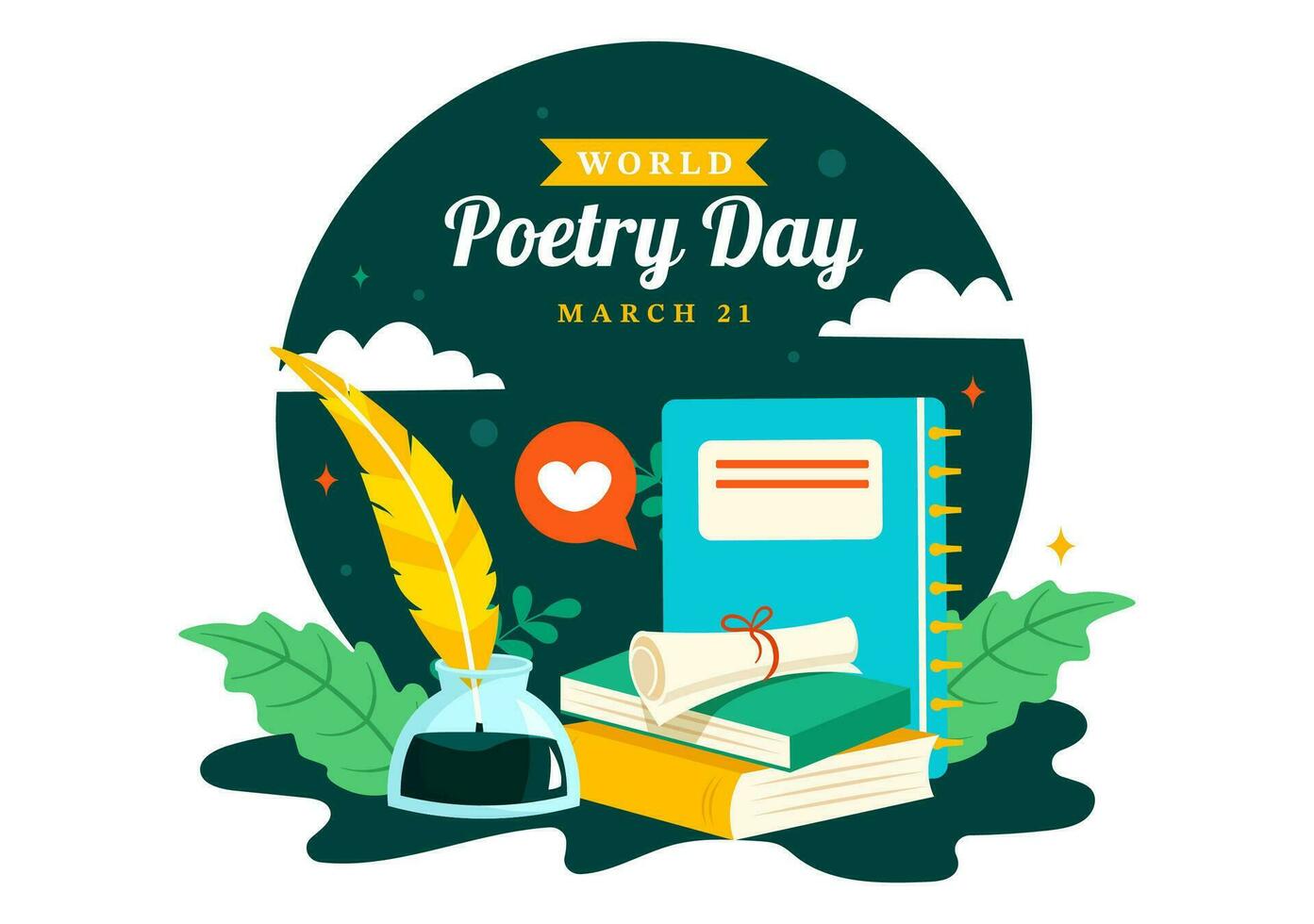 World Poetry Day Vector Illustration on March 21 with a Quill, Ink, Paper, Typewriter and Book to Writing in Literature Flat Cartoon Background