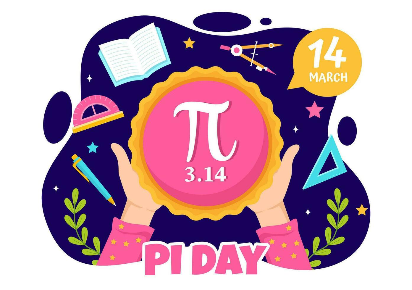 contento Pi día vector ilustración con en 14v marzo matemático constantes, griego letras o horneado dulce tarta en fiesta plano dibujos animados antecedentes