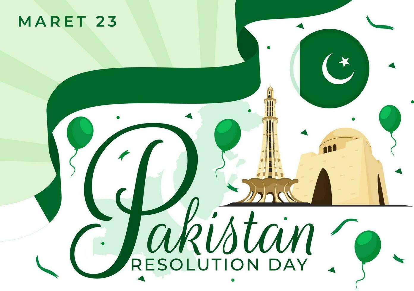 Happy Pakistan Resolution Day Vector Illustration on 23 March with Waving Flag and Landmarks in National Holiday Flat Cartoon Background Design