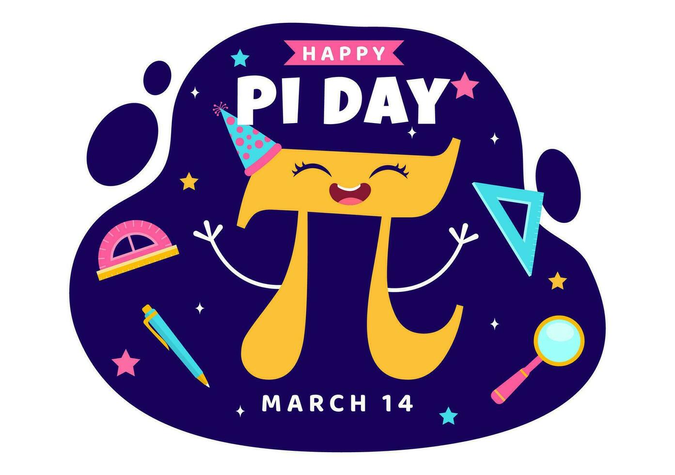 contento Pi día vector ilustración con en 14v marzo matemático constantes, griego letras o horneado dulce tarta en fiesta plano dibujos animados antecedentes