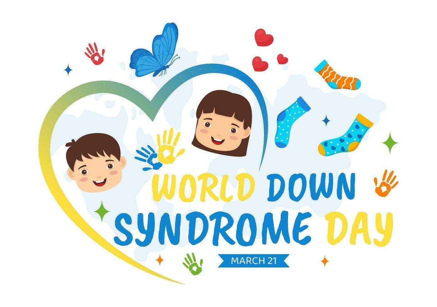 World Down Syndrome Day Vector Illustration on March 21 with Blue and Yellow Ribbon, Earth Map, Unpaired Socks and Kids in Flat Cartoon Background