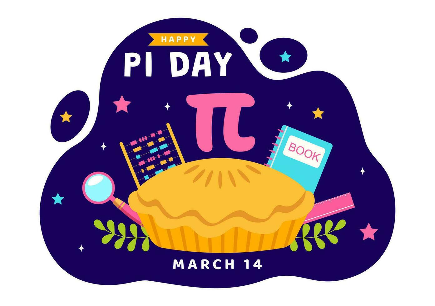 contento Pi día vector ilustración con en 14v marzo matemático constantes, griego letras o horneado dulce tarta en fiesta plano dibujos animados antecedentes