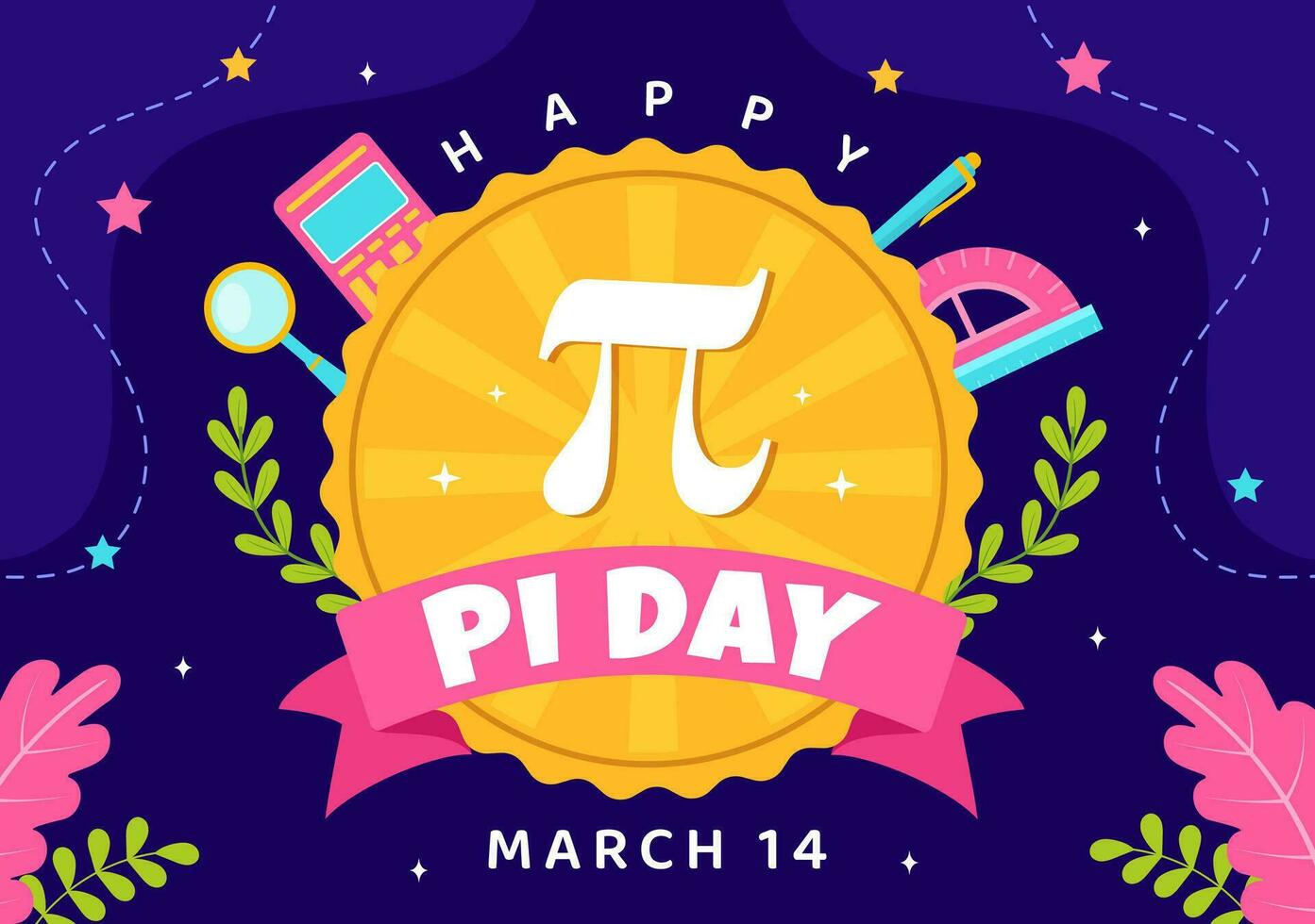 contento Pi día vector ilustración con en 14v marzo matemático constantes, griego letras o horneado dulce tarta en fiesta plano dibujos animados antecedentes