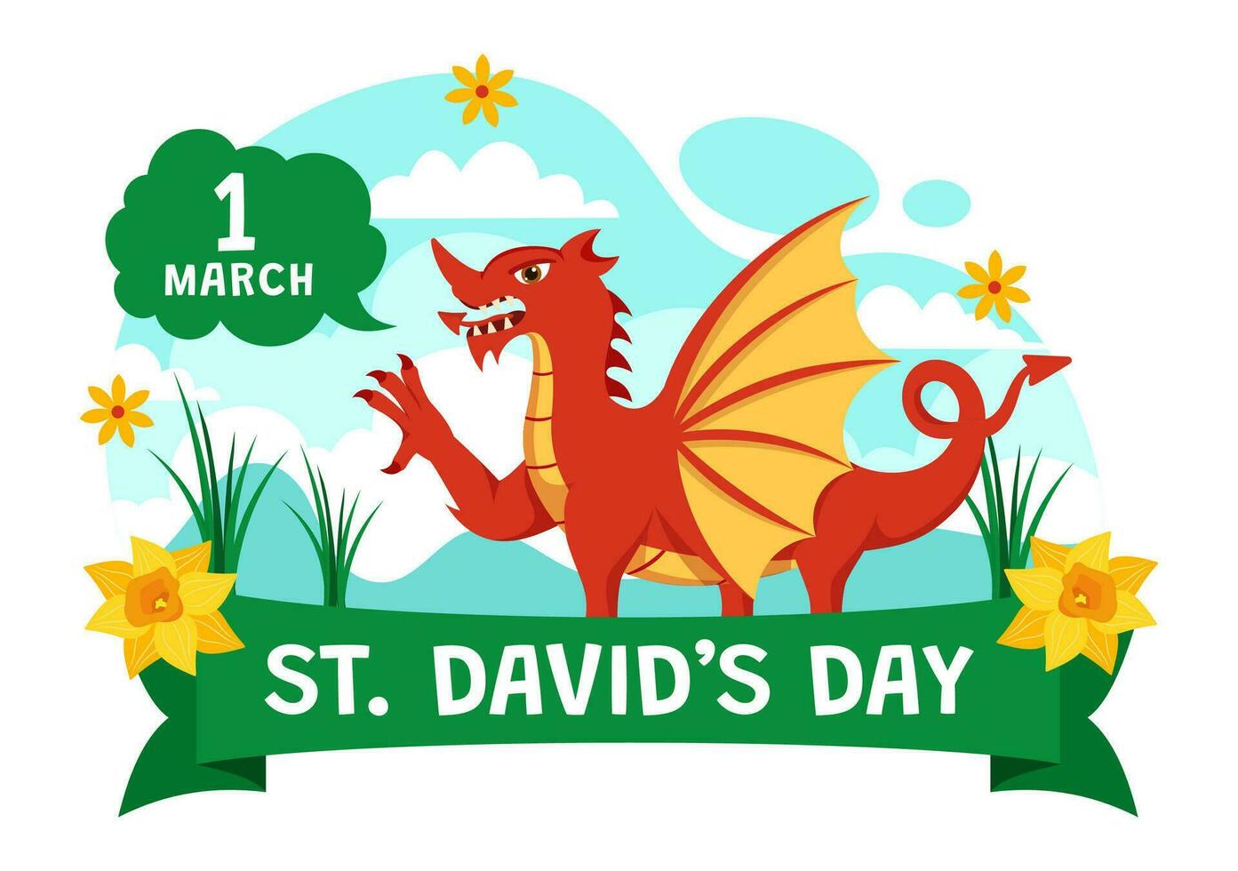 Happy St David's Day Vector Illustration on March 1 with Welsh Dragons and Yellow Daffodils in Celebration Holiday Flat Cartoon Background Design