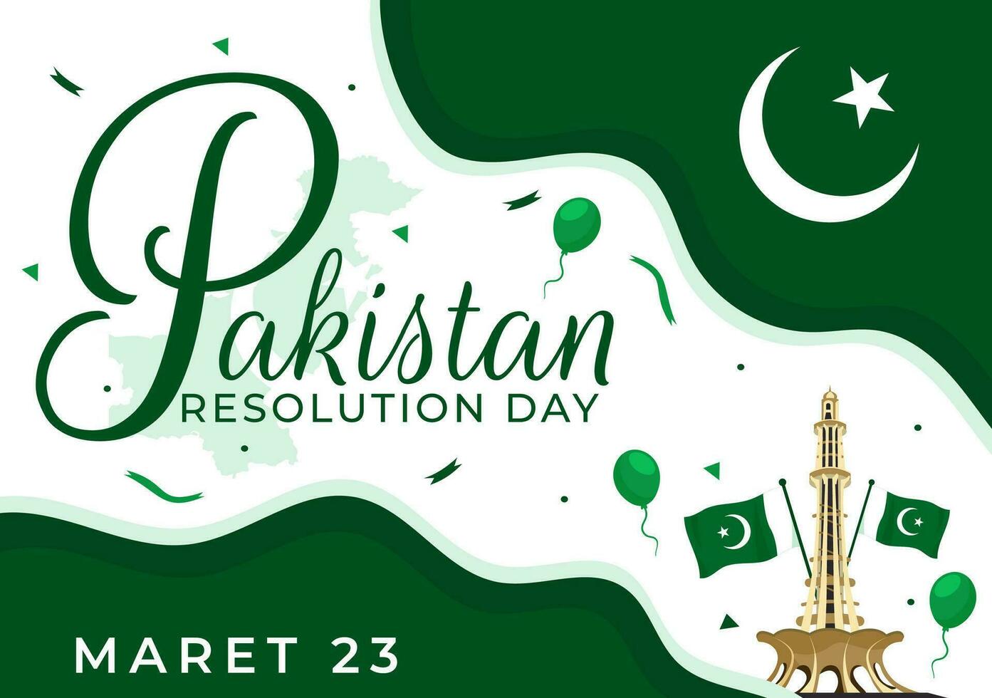 contento Pakistán resolución día vector ilustración en 23 marzo con ondulación bandera y puntos de referencia en nacional fiesta plano dibujos animados antecedentes diseño