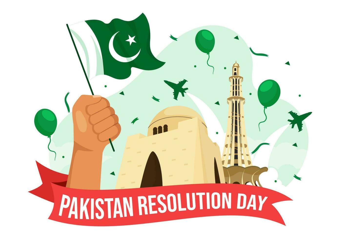 contento Pakistán resolución día vector ilustración en 23 marzo con ondulación bandera y puntos de referencia en nacional fiesta plano dibujos animados antecedentes diseño