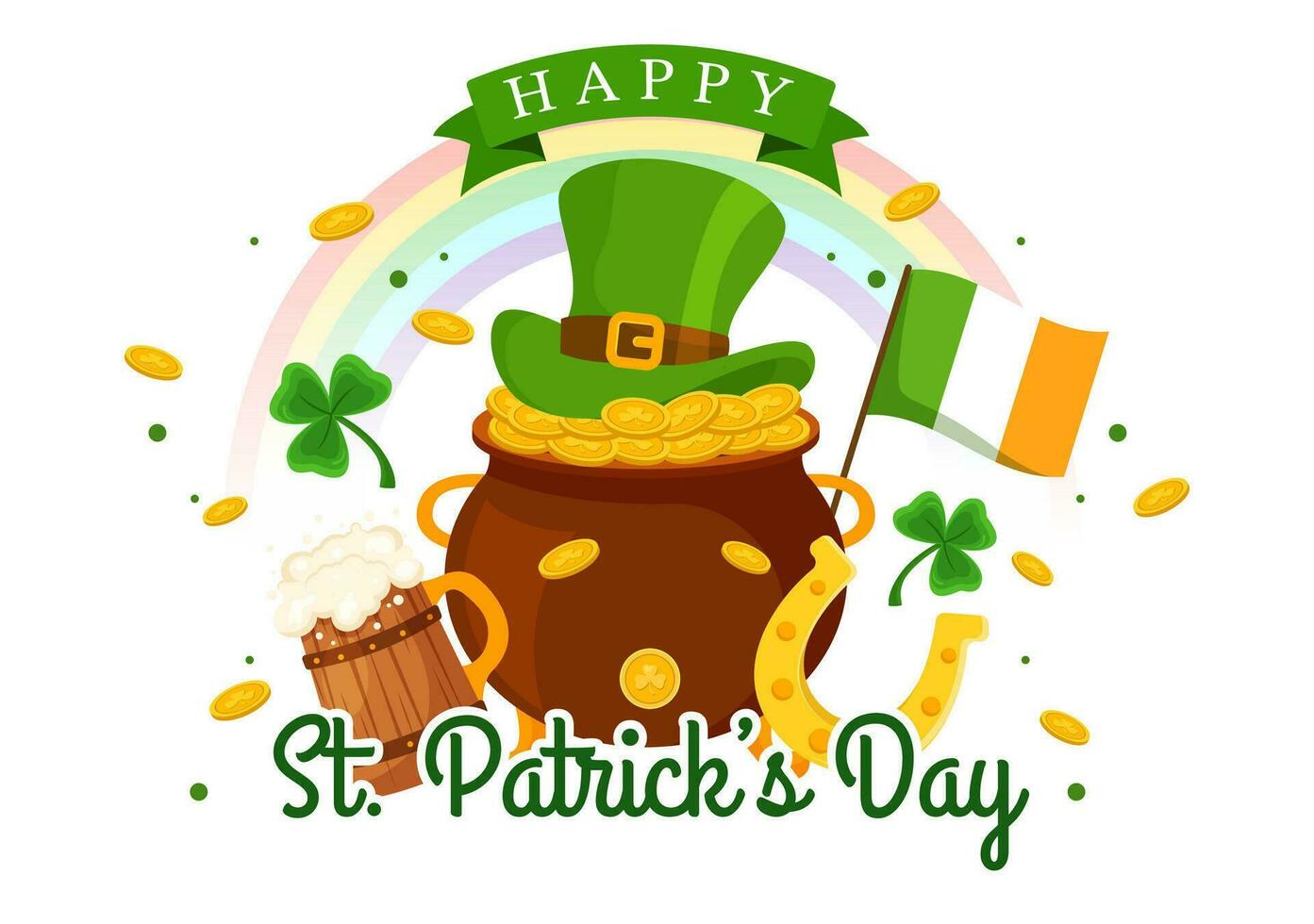 Happy St Patrick's Day Vector Illustration on 17 March with Golden Coins, Green Hat, Beer Pub and Shamrock in Flat Cartoon Background Design