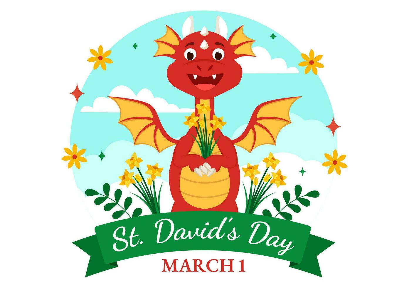 Happy St David's Day Vector Illustration on March 1 with Welsh Dragons and Yellow Daffodils in Celebration Holiday Flat Cartoon Background Design