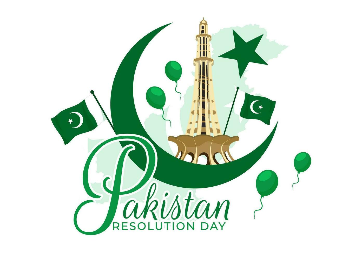 contento Pakistán resolución día vector ilustración en 23 marzo con ondulación bandera y puntos de referencia en nacional fiesta plano dibujos animados antecedentes diseño