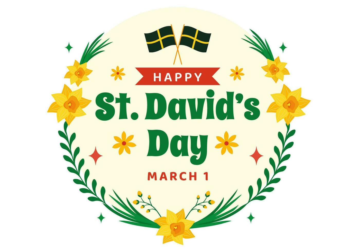 Happy St David's Day Vector Illustration on March 1 with Welsh Dragons and Yellow Daffodils in Celebration Holiday Flat Cartoon Background Design