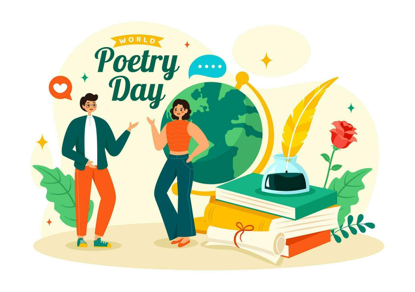 World Poetry Day Vector Illustration on March 21 with a Quill, Ink, Paper, Typewriter and Book to Writing in Literature Flat Cartoon Background