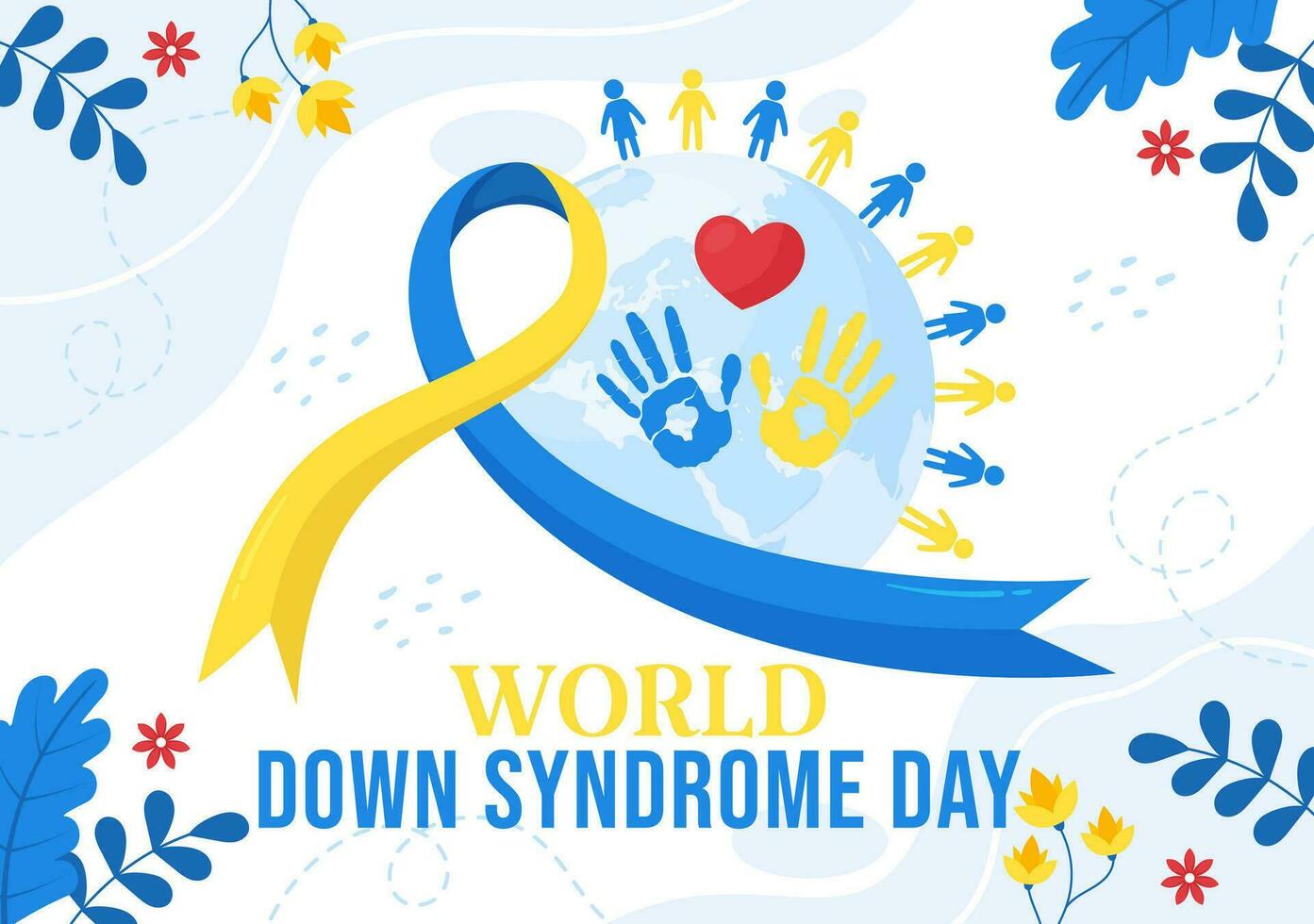 World Down Syndrome Day Vector Illustration on March 21 with Blue and Yellow Ribbon, Earth Map, Unpaired Socks and Kids in Flat Cartoon Background