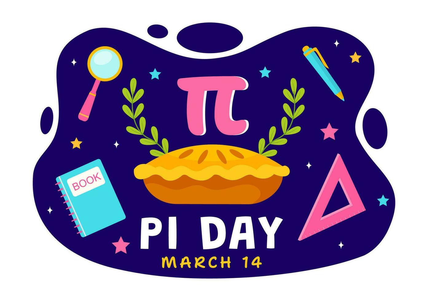 contento Pi día vector ilustración con en 14v marzo matemático constantes, griego letras o horneado dulce tarta en fiesta plano dibujos animados antecedentes