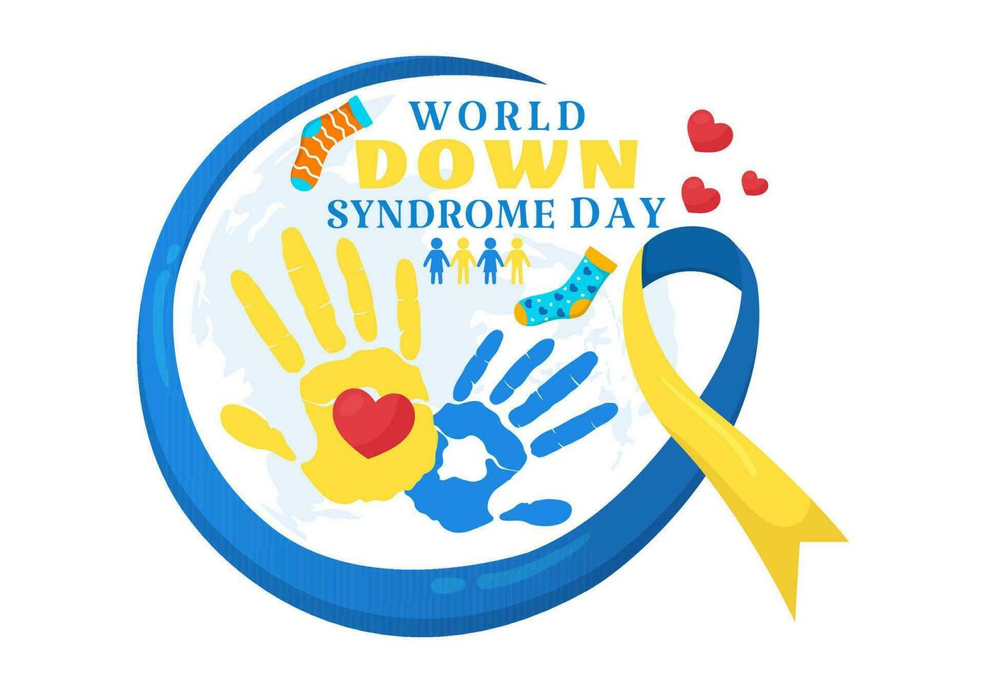 World Down Syndrome Day Vector Illustration on March 21 with Blue and Yellow Ribbon, Earth Map, Unpaired Socks and Kids in Flat Cartoon Background