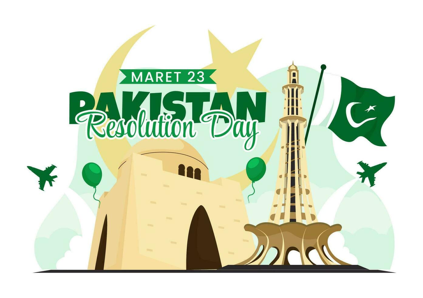 contento Pakistán resolución día vector ilustración en 23 marzo con ondulación bandera y puntos de referencia en nacional fiesta plano dibujos animados antecedentes diseño