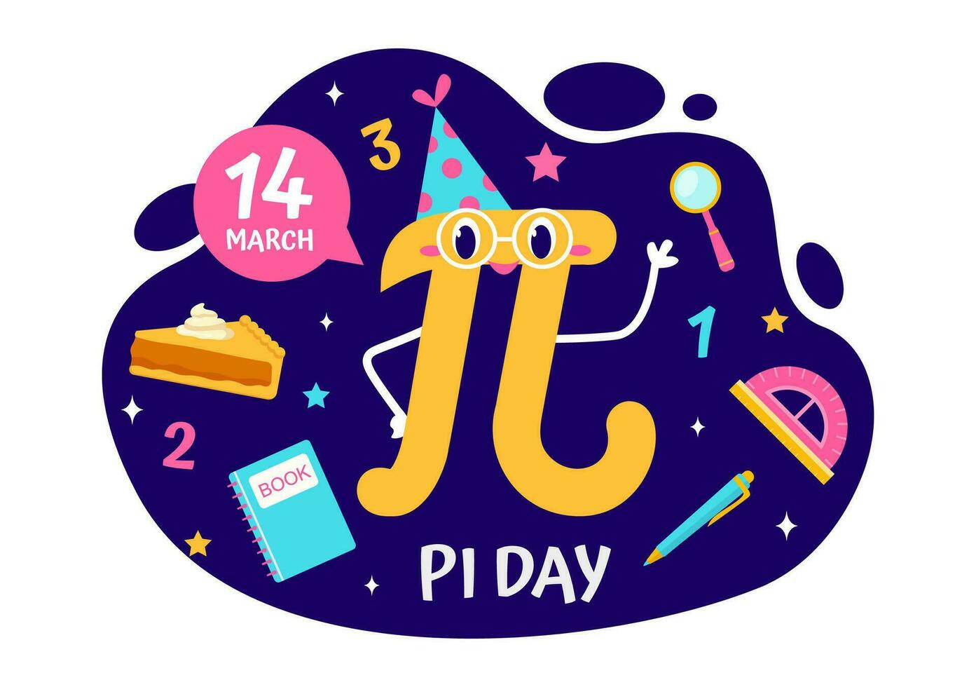 contento Pi día vector ilustración con en 14v marzo matemático constantes, griego letras o horneado dulce tarta en fiesta plano dibujos animados antecedentes