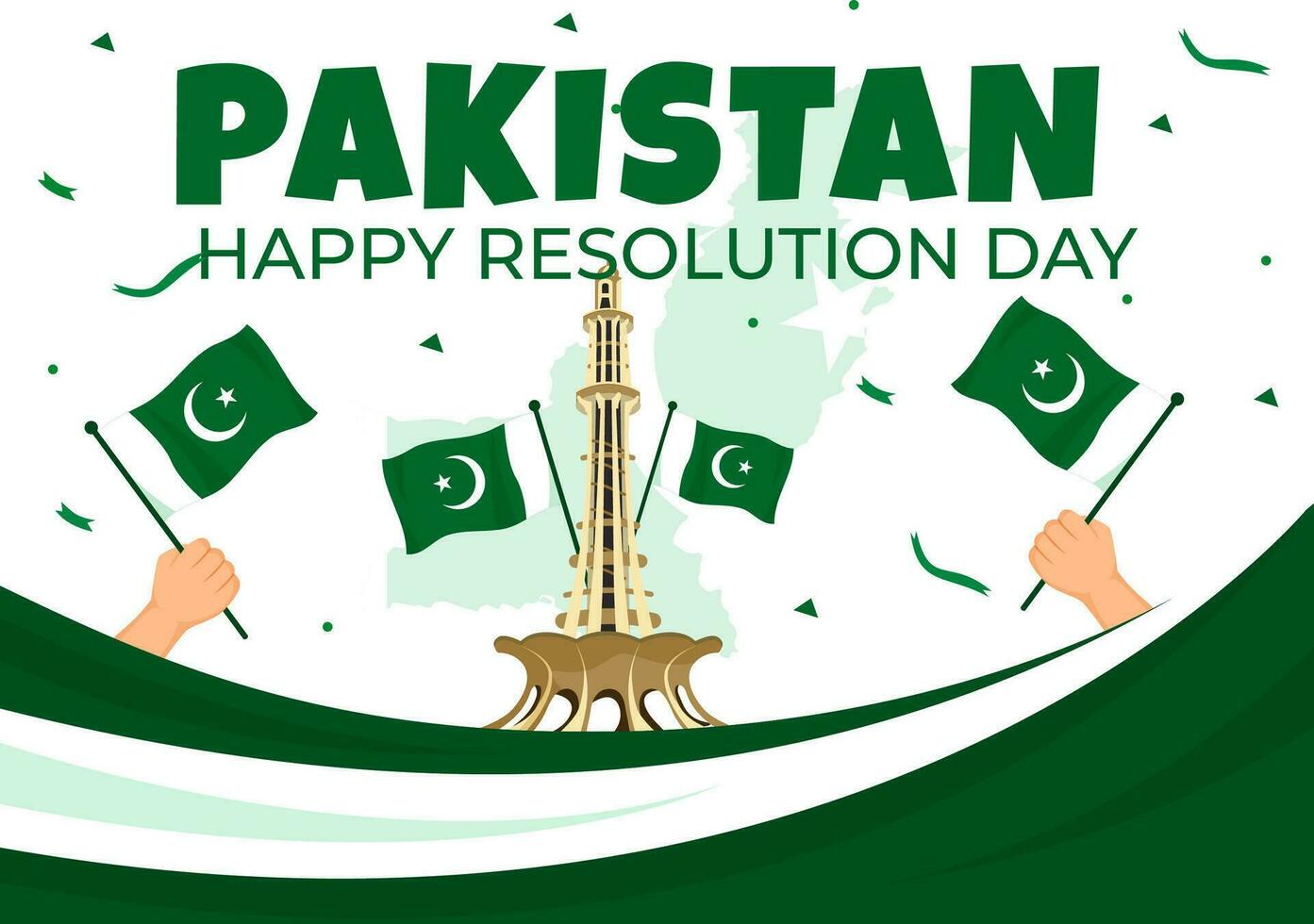 contento Pakistán resolución día vector ilustración en 23 marzo con ondulación bandera y puntos de referencia en nacional fiesta plano dibujos animados antecedentes diseño