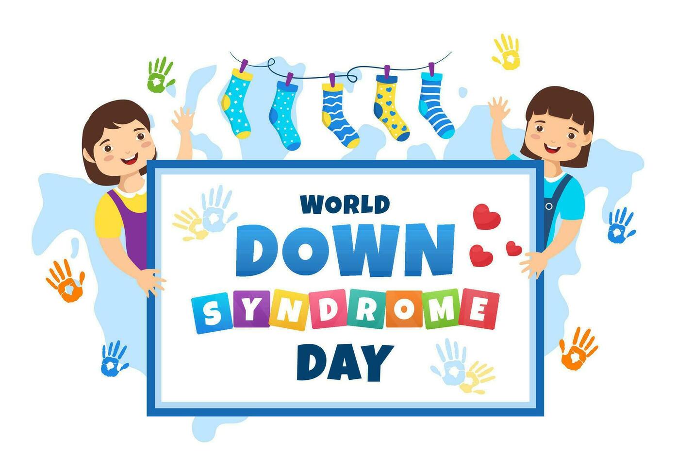 World Down Syndrome Day Vector Illustration on March 21 with Blue and Yellow Ribbon, Earth Map, Unpaired Socks and Kids in Flat Cartoon Background