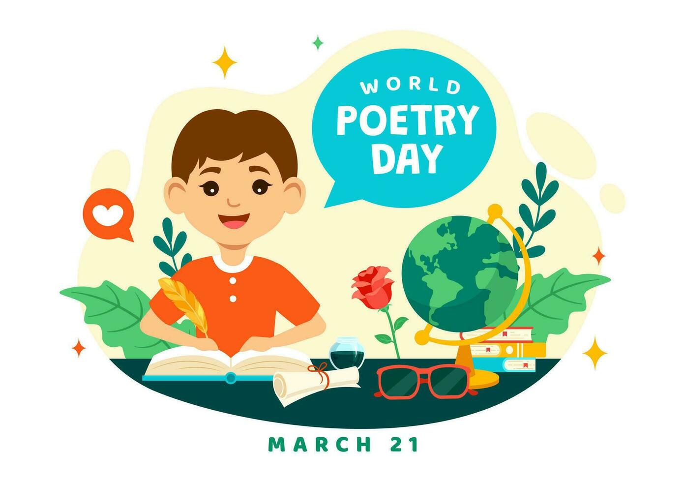 mundo poesía día vector ilustración en marzo 21 con un pluma, tinta, papel, máquina de escribir y libro a escritura en literatura plano dibujos animados antecedentes