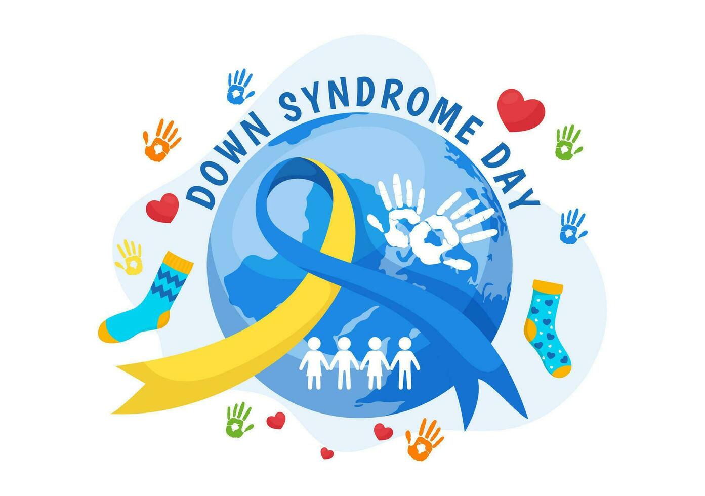 mundo abajo síndrome día vector ilustración en marzo 21 con azul y amarillo cinta, tierra mapa, desemparejado calcetines y niños en plano dibujos animados antecedentes