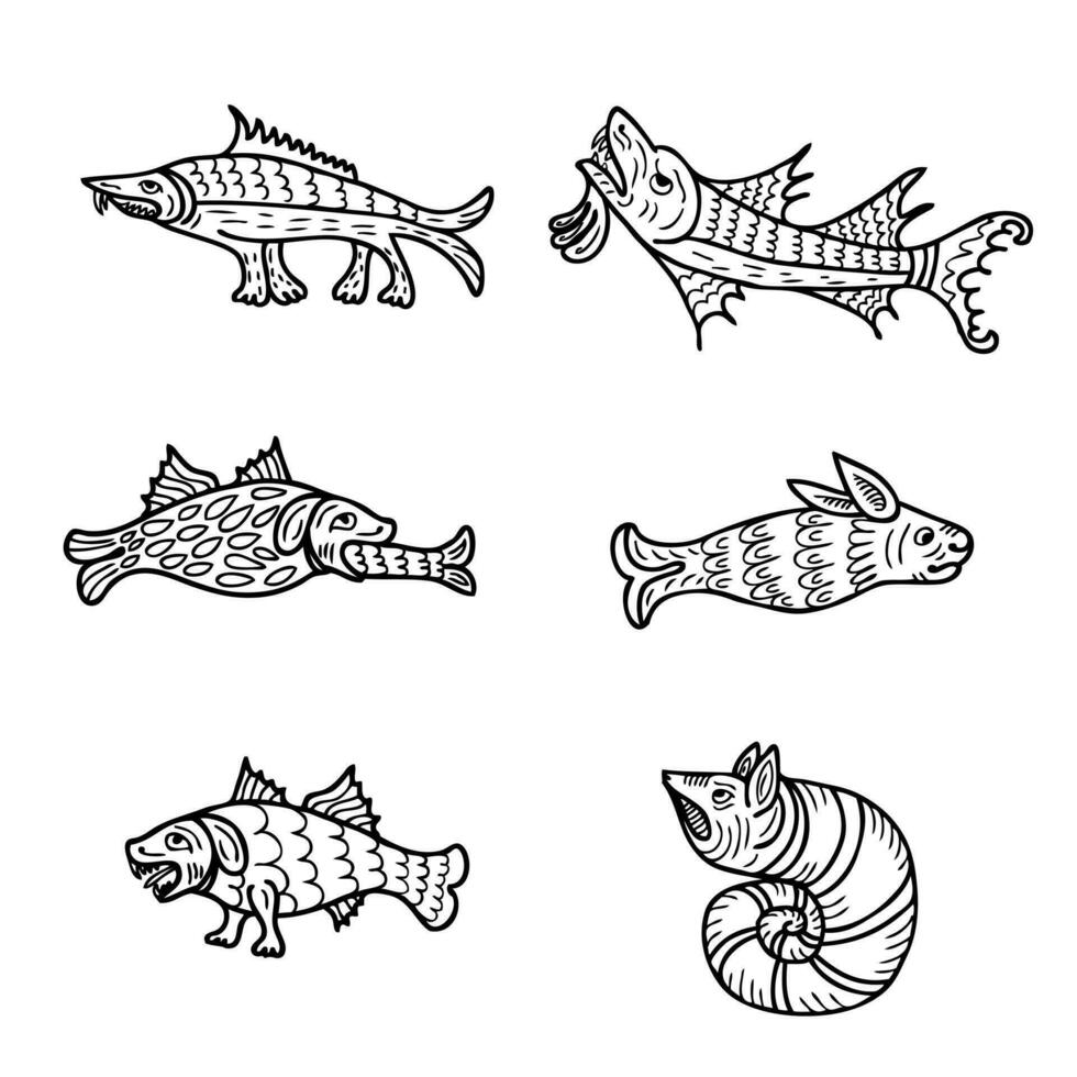 Medieval bestiary style aquatic animals collection. Vintage set of doodle mysterious beasts. Hand drawn surrealistic creations set. vector