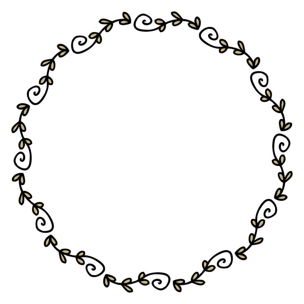 Simple circular empty frame with doodle branches and leaves. Perfect for sticker, card, poster. Hand drawn isolated vector illustration.