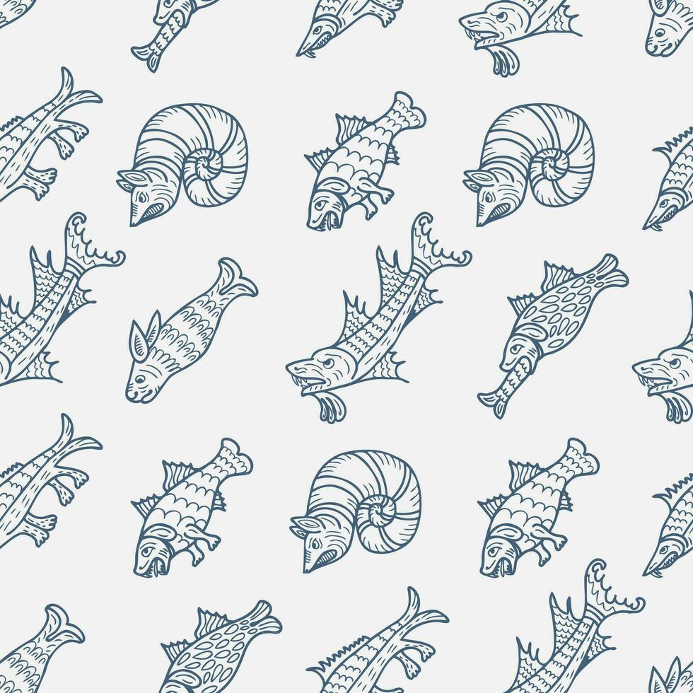 Doodle surrealistic sea monsters and beasts seamless pattern. Fantasy print for tee, paper, textile and fabric. Doodle vector illustration.