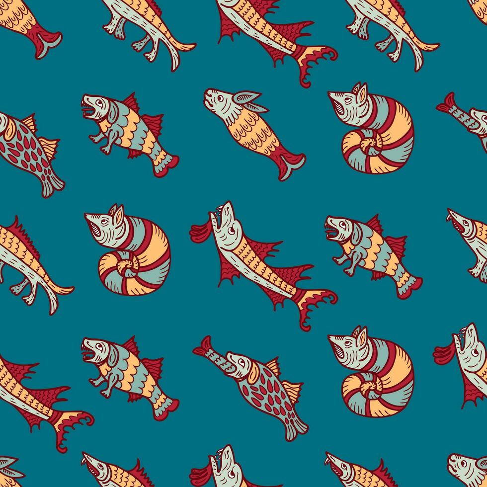 Medieval bestiary style marine mysterious beasts doodle seamless pattern. Surrealistic print for tee, paper, textile and fabric. Hand drawn vector illustration.